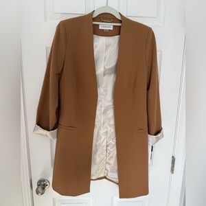 Calvin Klein Women's Camel Brown Collarless Long Blazer